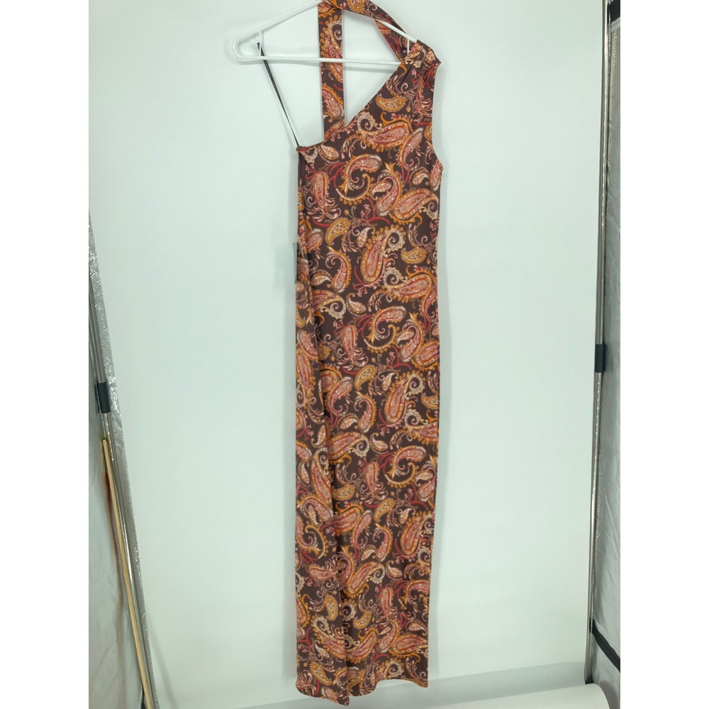 WAYF Paisley One Shoulder Maxi Dress Brown Orange Asymmetrical Wrap Front XS NEW